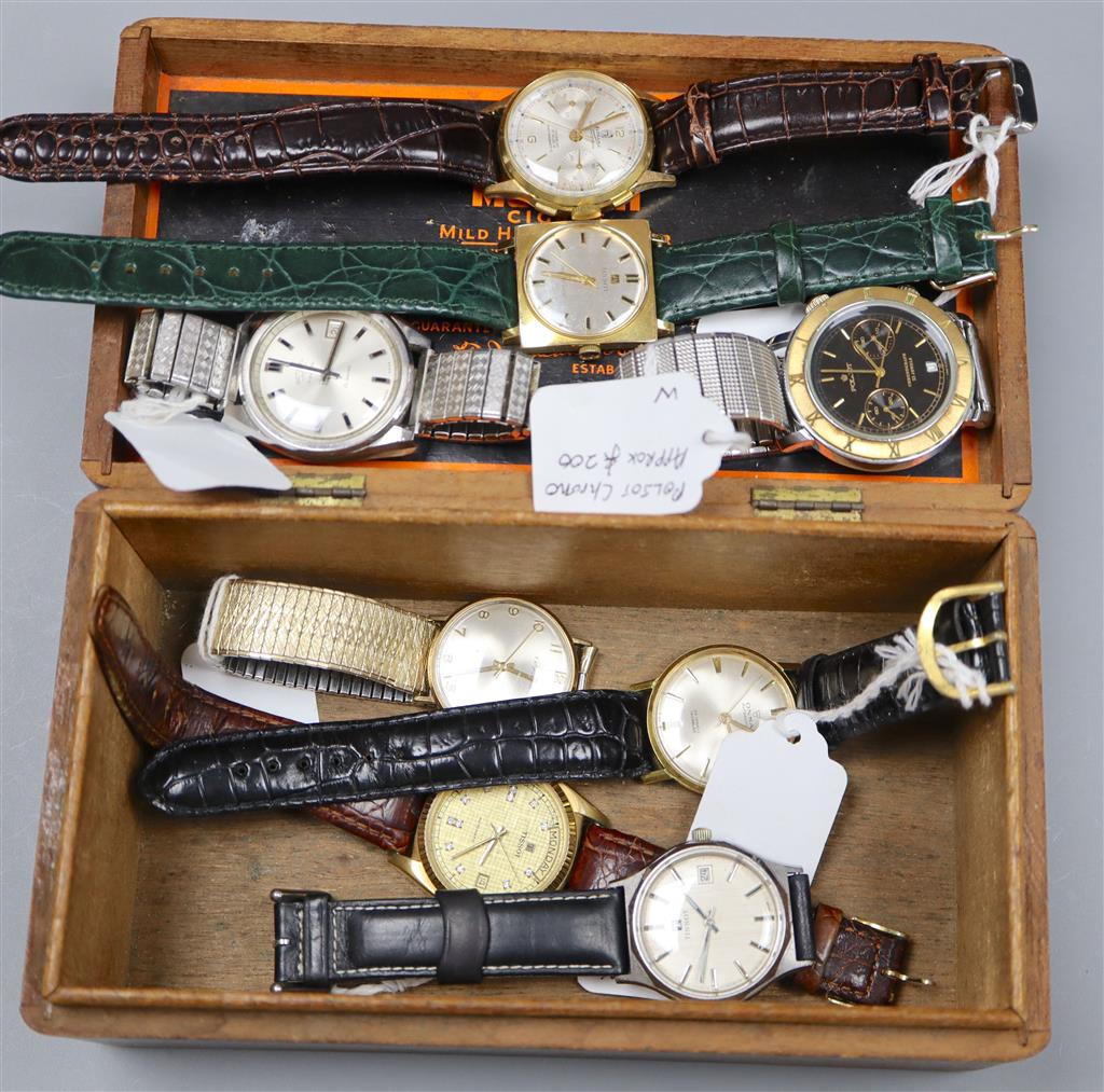 A collection of eight assorted gentlemans wrist watches including Onsa, Tissot, Mathias chronograph and Rotary.